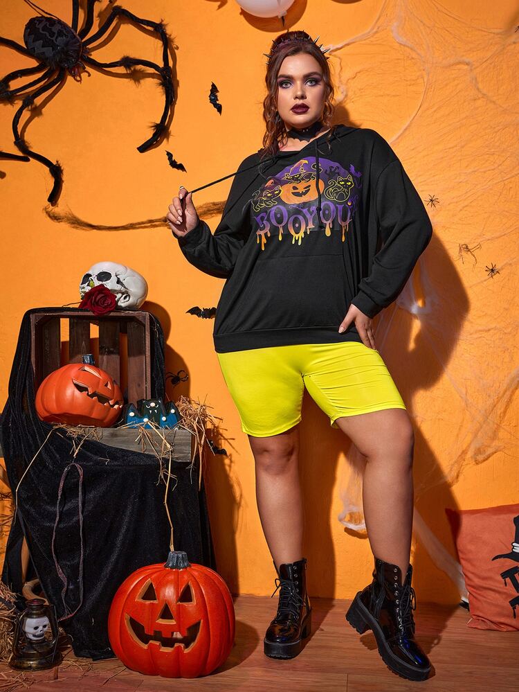 Plus Size Halloween Cat And Pumpkin Print Drop Shoulder Drawstring Sweatshirt