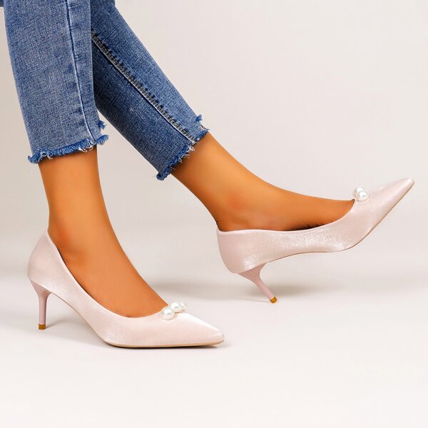 

Faux Pearl Decor Point Toe Stiletto Heeled Court Pumps, Baby pink
