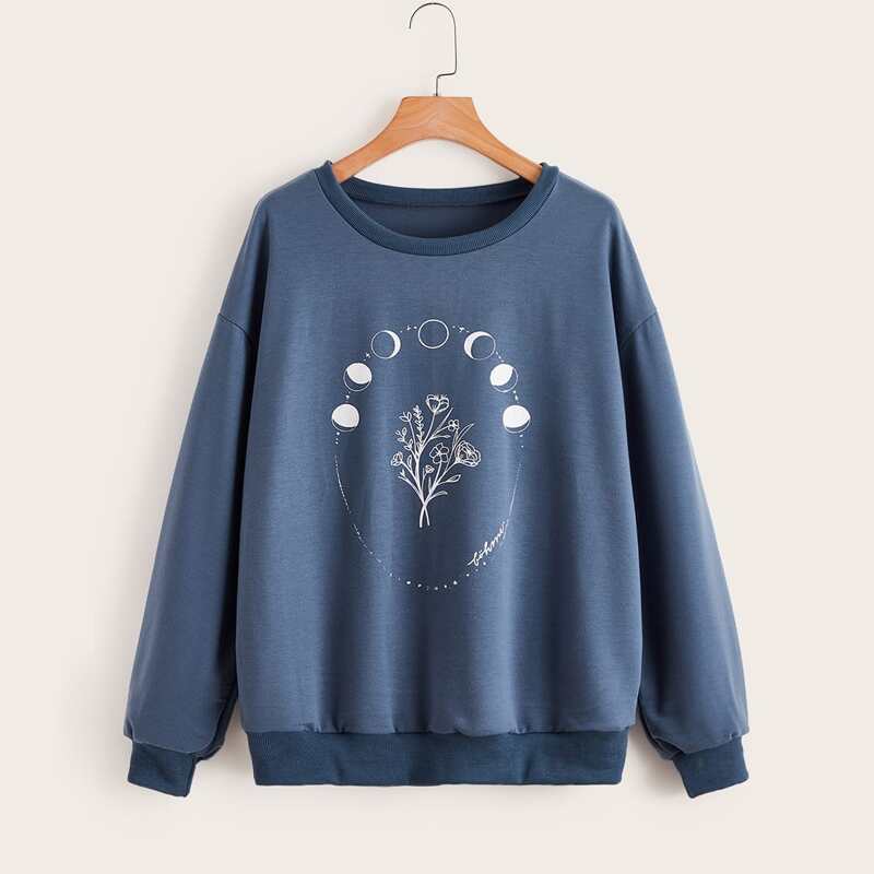 

Moon & Floral Graphic Sweatshirt, Navy blue