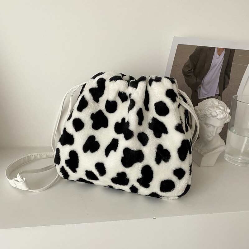 

Cow Print Drawstring Design Crossbody Bag, Black and white