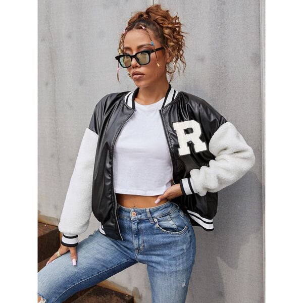 

Letter Patched Drop Shoulder PU Leather Bomber Jacket, Black and white