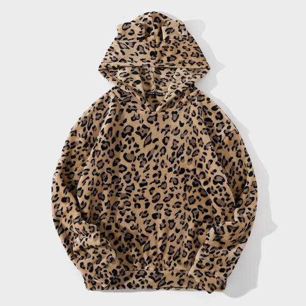 

Leopard Pattern Flannel Hoodie, Multicolor