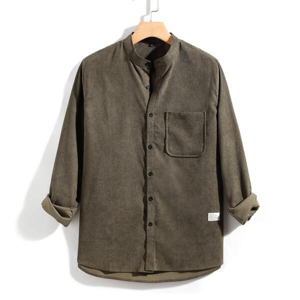 

Men Patched Pocket High Low Hem Corduroy Shirt, Olive green