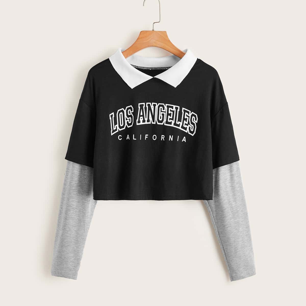 

2 In 1 Letter Print Contrast Collar Tee, Black