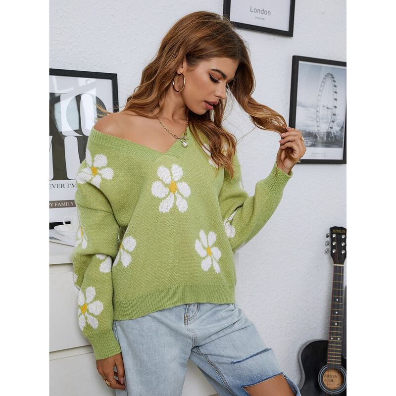 

Flower Pattern Drop Shoulder Sweater, Lime green