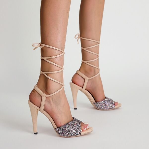 

Glitter Tie Leg Heeled Sandals, Multicolor