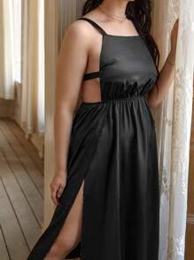 Plus Satin Knot Back Split Thigh Cami Nightdress - Black - View 5