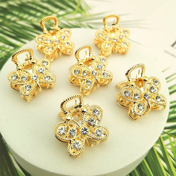 

6pcs Rhinestone Butterfly Decor Hair Claw, Gold