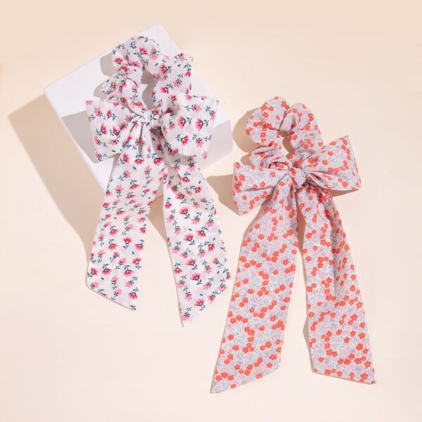 

2pcs Flower Print Scarf Hair Tie, Multicolor