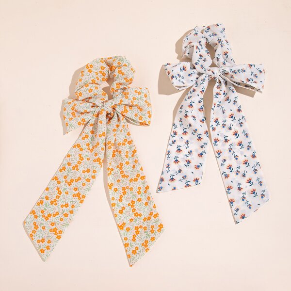 

2pcs Flower Print Scarf Hair Tie, Multicolor