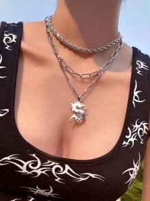 中國龍吊墜多層次項鍊 - 銀色 - 查看 1