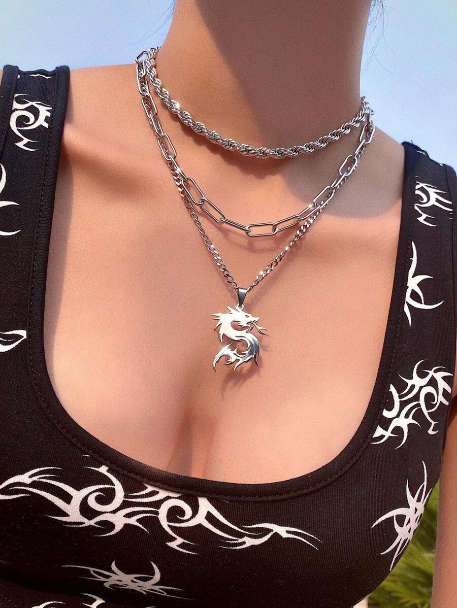 中國龍吊墜多層次項鍊 - 銀色 - 查看 1