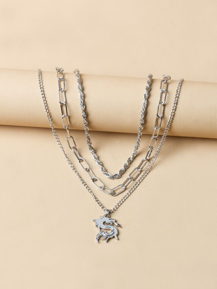 中國龍吊墜多層次項鍊 - 銀色 - 查看 2
