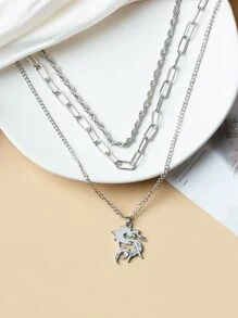 中國龍吊墜多層次項鍊 - 銀色 - 查看 4