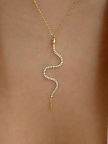水鑽裝飾蛇吊墜項鏈 - 金黃色 - 查看 1