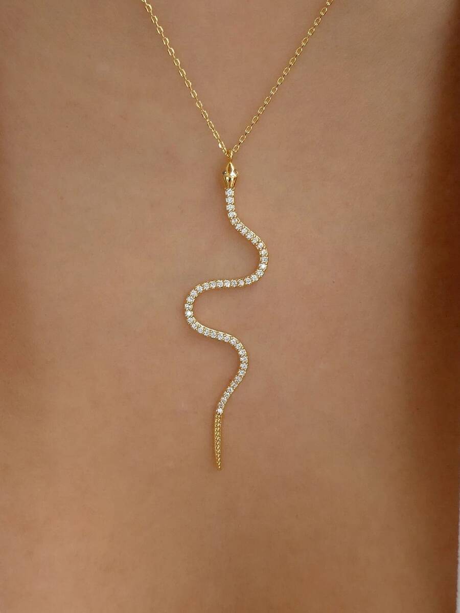 水鑽裝飾蛇吊墜項鏈 - 金黃色 - 查看 1