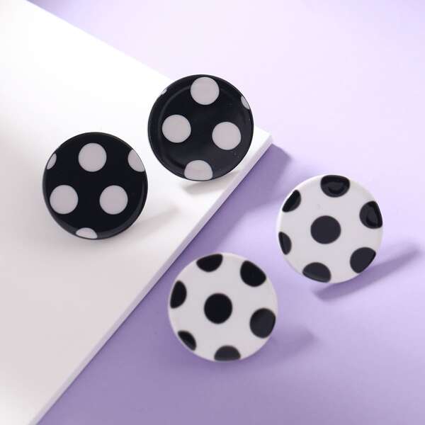 

2pairs Polka Dot Round Stud Earrings, Black and white