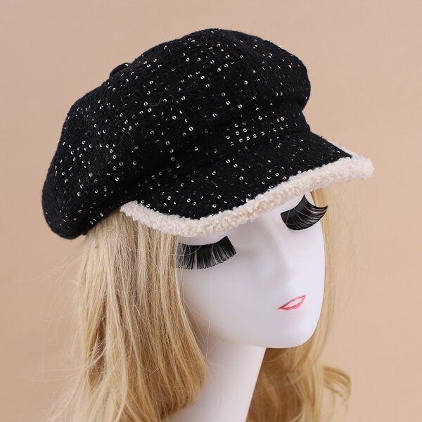 

Sequin Decor Baker Boy Cap, Black