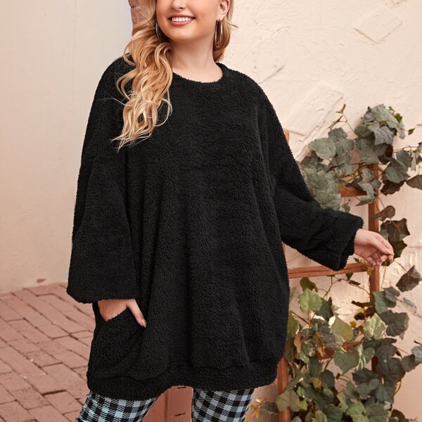 

Plus Drop Shoulder Hidden Pocket Teddy Pullover, Black