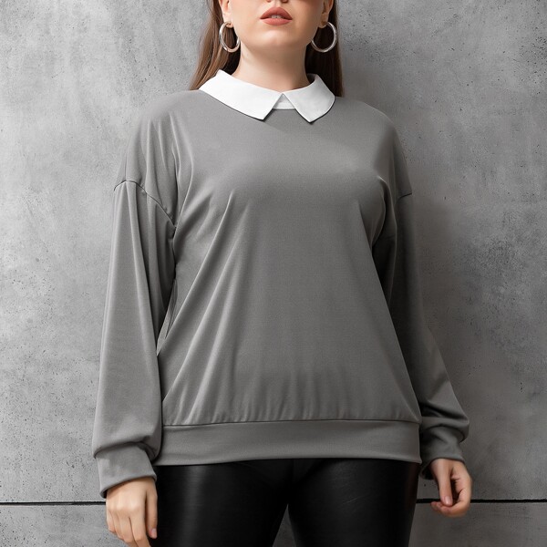 

Plus Contrast Collar Drop Shoulder Keyhole Back Sweatshirt, Grey