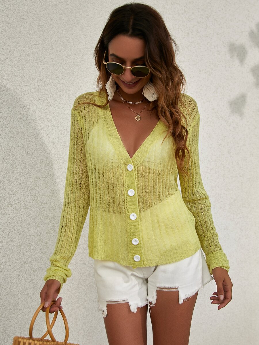 Summer Plain Button Kimono - Green - View 1