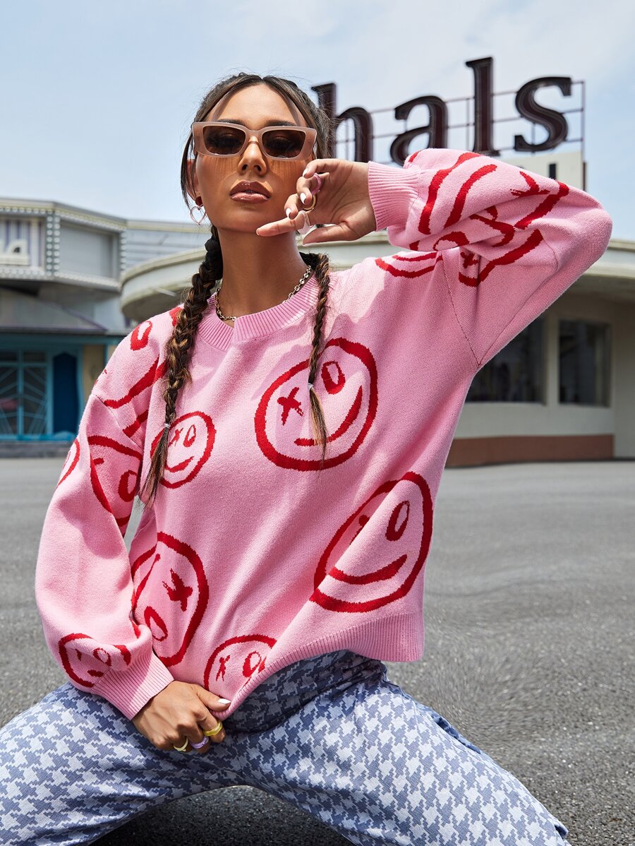 SHEIN Smile Face Pattern Drop Shoulder Bishop Sleeve Jumper - Pink - View 1