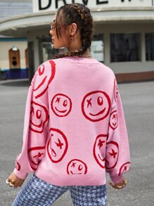 SHEIN Smile Face Pattern Drop Shoulder Bishop Sleeve Jumper - Pink - View 2