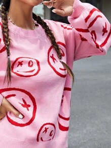 SHEIN Smile Face Pattern Drop Shoulder Bishop Sleeve Jumper - Pink - View 4