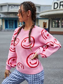 SHEIN Smile Face Pattern Drop Shoulder Bishop Sleeve Jumper - Pink - View 5