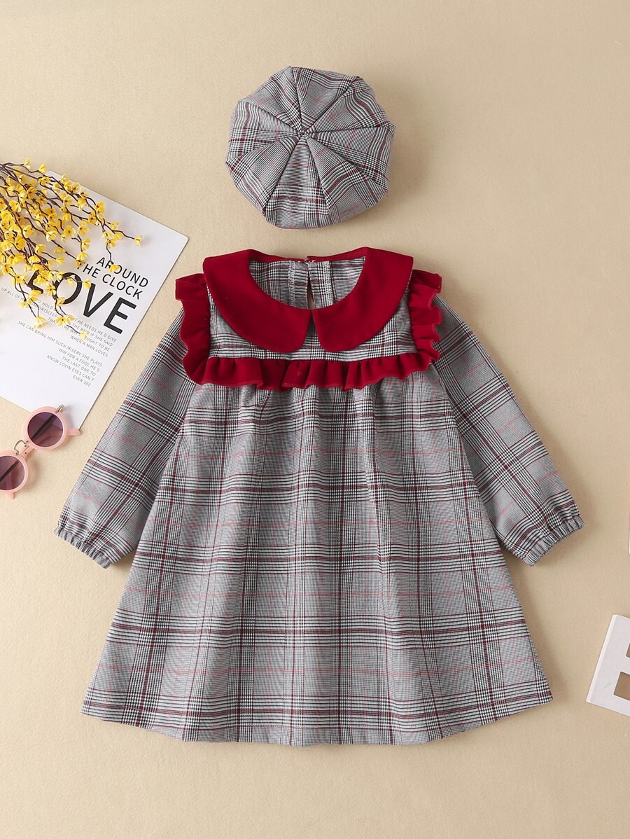 小女童格紋褶邊娃娃領燈籠袖附帽子洋裝