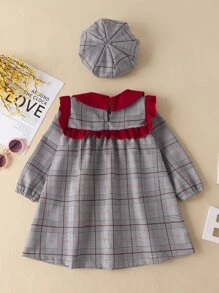 小女童格紋褶邊娃娃領燈籠袖附帽子洋裝