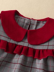 小女童格紋褶邊娃娃領燈籠袖附帽子洋裝