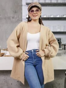 Plus Lantern Sleeve Belted Teddy Coat - Khaki - View 3