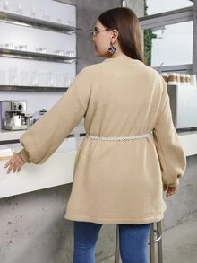 Plus Lantern Sleeve Belted Teddy Coat - Khaki - View 2