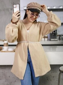 Plus Lantern Sleeve Belted Teddy Coat - Khaki - View 1