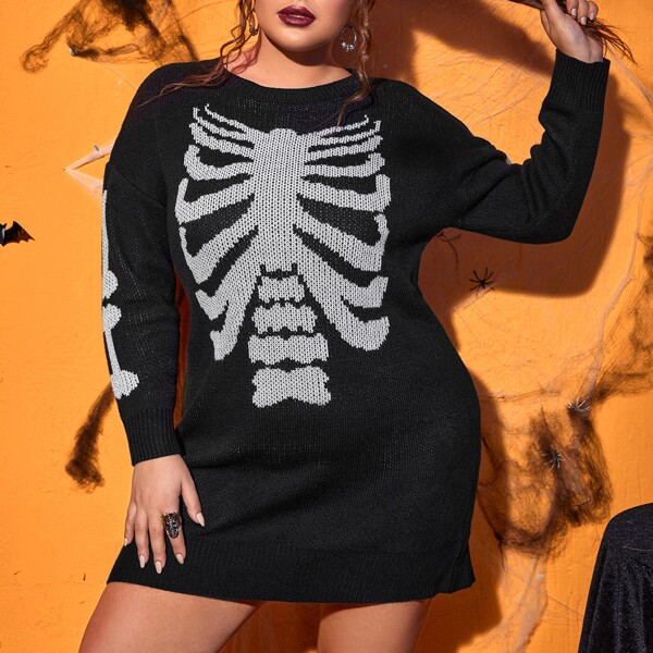 

Plus Halloween Pattern Drop Shoulder Sweater Dress, Black and white