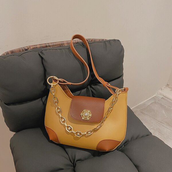 

Metal & Pearl Decor Chain Shoulder Bag, Yellow