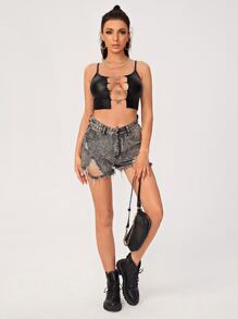 SHEIN SXY Áo hai dây Chuỗi Cắt ra màu trơn Hấp dẫn - màu đen - Xem 4