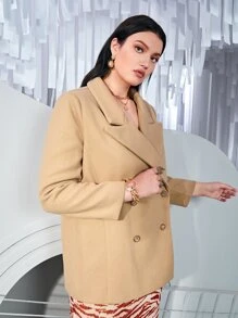 SHEIN Privé Áo choàng Plus Size Nút Chia màu trơn Thanh lịch - Màu Khaki - Xem 7