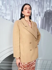 SHEIN Privé Áo choàng Plus Size Nút Chia màu trơn Thanh lịch - Màu Khaki - Xem 6
