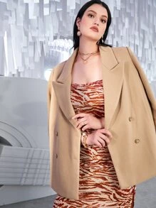 SHEIN Privé Áo choàng Plus Size Nút Chia màu trơn Thanh lịch - Màu Khaki - Xem 3