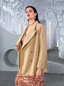 SHEIN Privé Áo choàng Plus Size Nút Chia màu trơn Thanh lịch - Màu Khaki - Xem 5