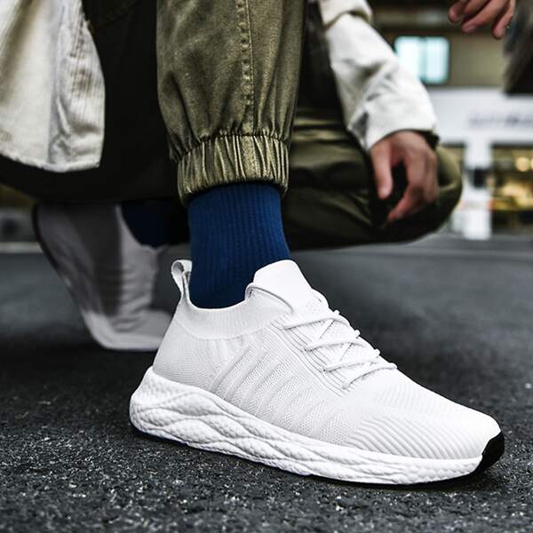 

Men Minimalist Lace Up Decor Knit Sneakers, White