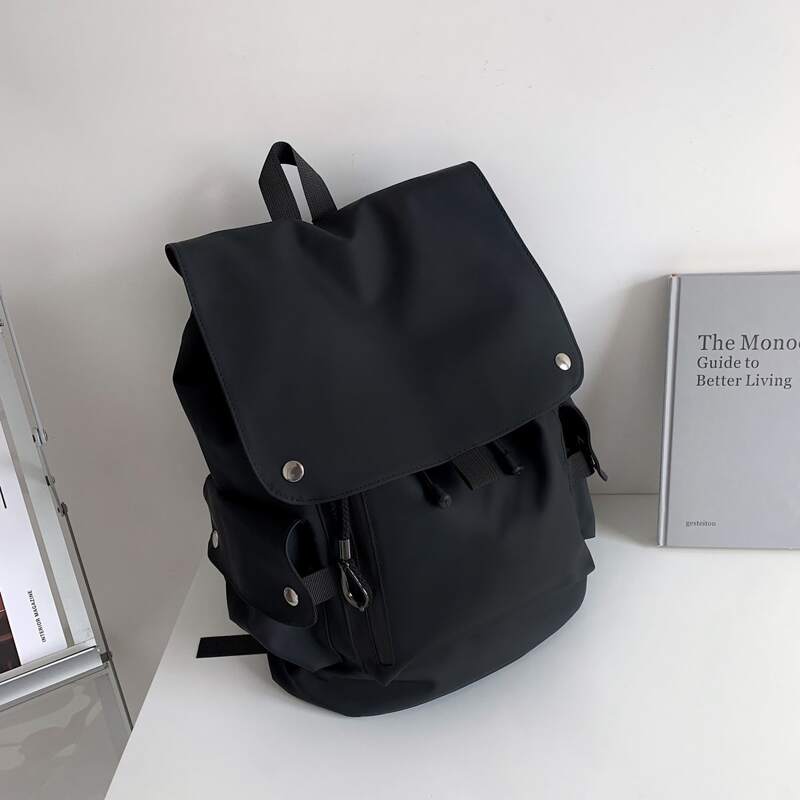 

Solid Drawstring Design Flap Backpack, Black