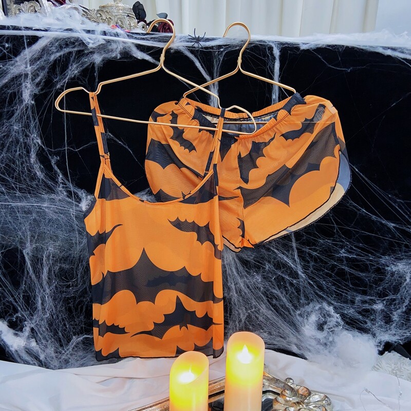 

Halloween Bat Print Mesh PJ Set, Orange