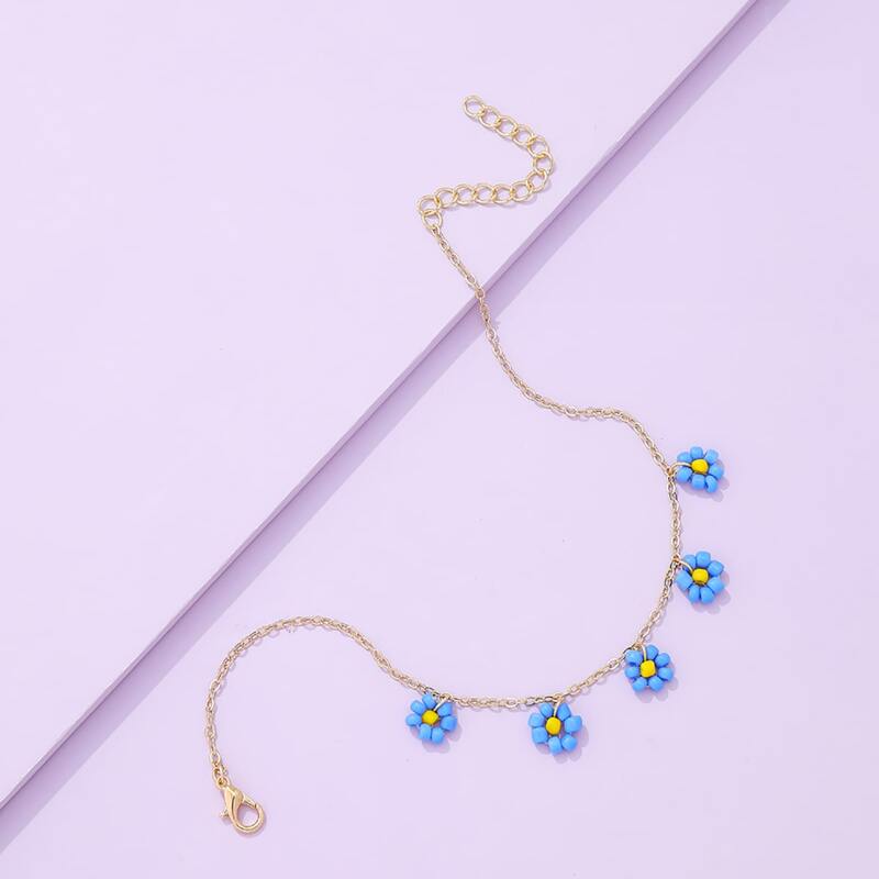 

Floral Beaded Chain Anklet, Navy blue