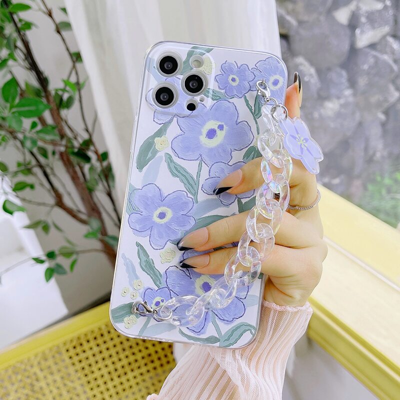 

Flower Pattern Phone Case With Chain Hand Strap, Multicolor