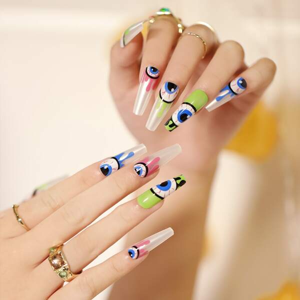 

24pcs Halloween Eye Pattern Fake Nail & 1sheet Tape & 1pc Nail File, Blue