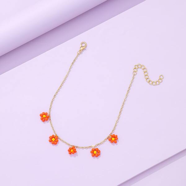 

Beaded Flower Decor Anklet, Red