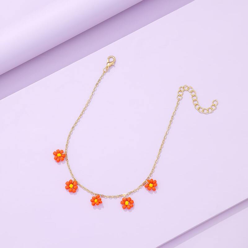 

Floral Beaded Chain Anklet, Orange